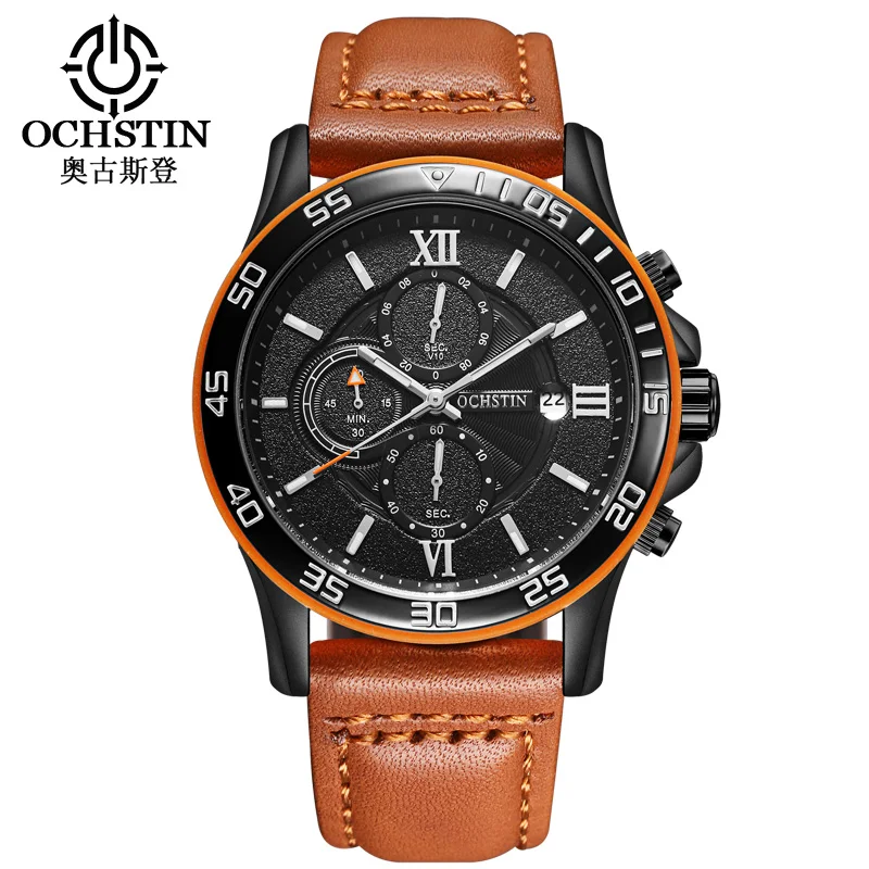 reloj hombre OCHSTIN Rose Gold Luxury watch Automatic Calendar business men watch in Casual sport leather band quartz watch men - Цвет: brown black