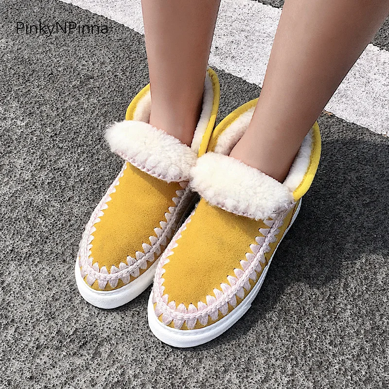 lovely luxury women cow suede sheep wool lining snow boots slip on ankle booties flat casual holiday winter warm shoes plus size