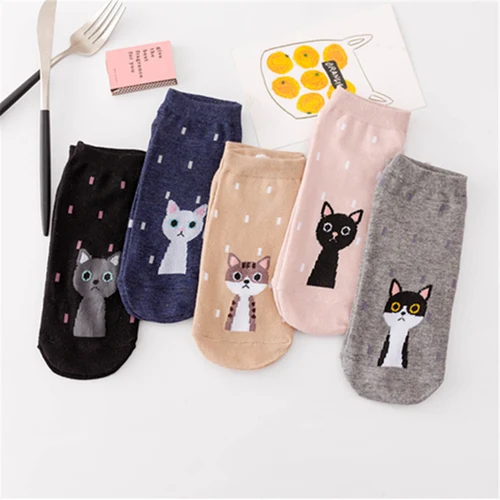 만화 동물 고양이 곰 줄무늬 짧은 양말, 귀여운 재미있는 양말, 여성 캐주얼 코튼 소녀 발목 양말, 5 스타 패션, 5 쌍 5
