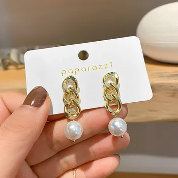 

925 Silver Cool Chain Hollow out Earrings South Korea Elegant INS Pearl Creative Sense Earrings Online Celebr