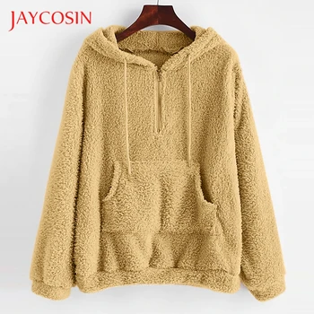 

JAYCOSIN Women Fleece Hoodies 2019 Plus Size Winter Long Sleeve Wool Hooded Pullovers Casual Solid Zipper Fluffy Sweatshirt827#2