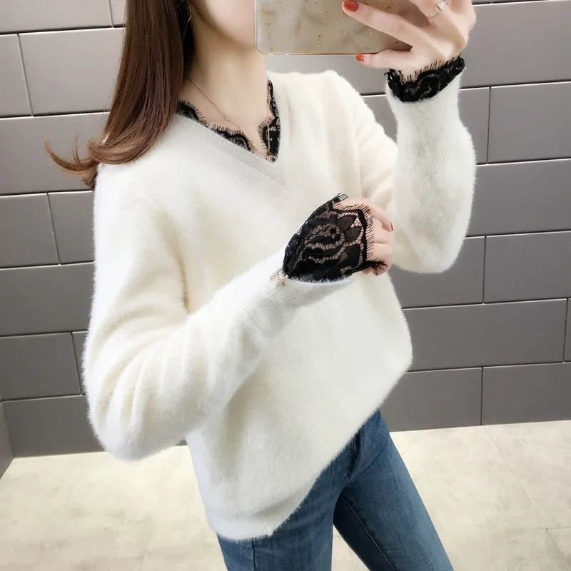 OHCLOTHING 15428 зал, строка 1, № 3] так же, как показано на изображении из-новая норковая как кружевное платье с v-образным вырезом; Сращивание трикотажа 55