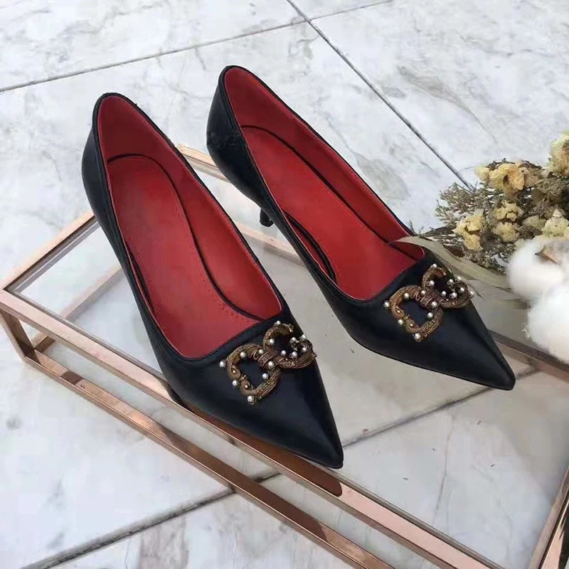 

Genuine leather Office lady Pumps Embellished Pointed Toe Kitten Heel Women's Career Shoes Black White Red High Heels Shoes
