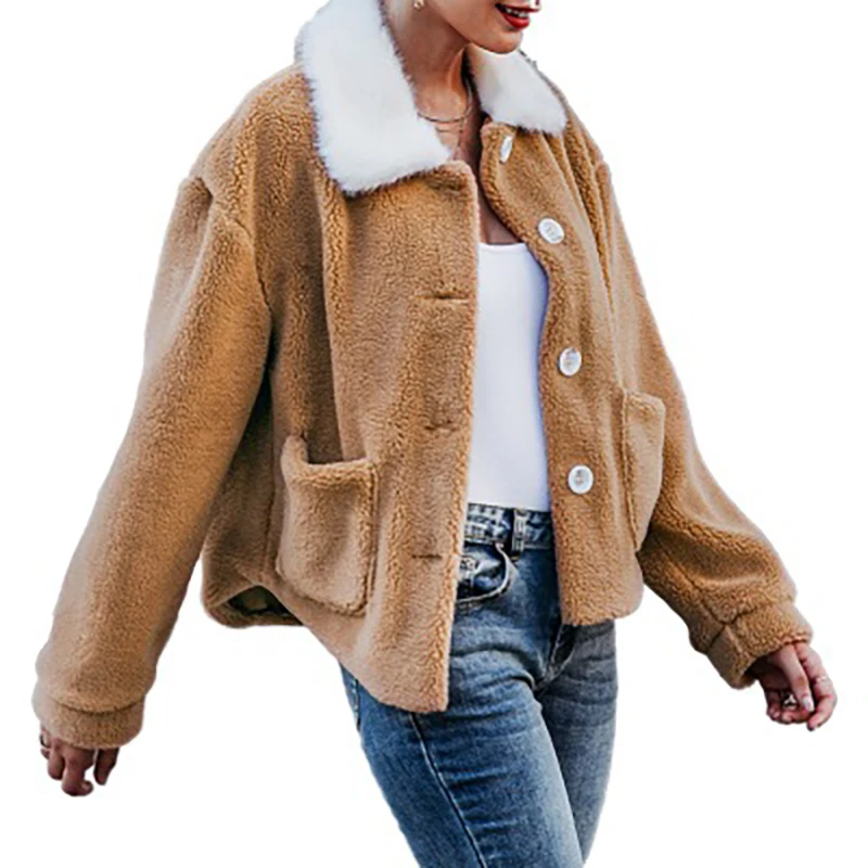 

Winter Autumn Warm Teddy Coat Woman Lapel Long Sleeve Female Button Pockets Overcoat Faux Fur Coat Fluffy Hairy Fake Fur Jackets