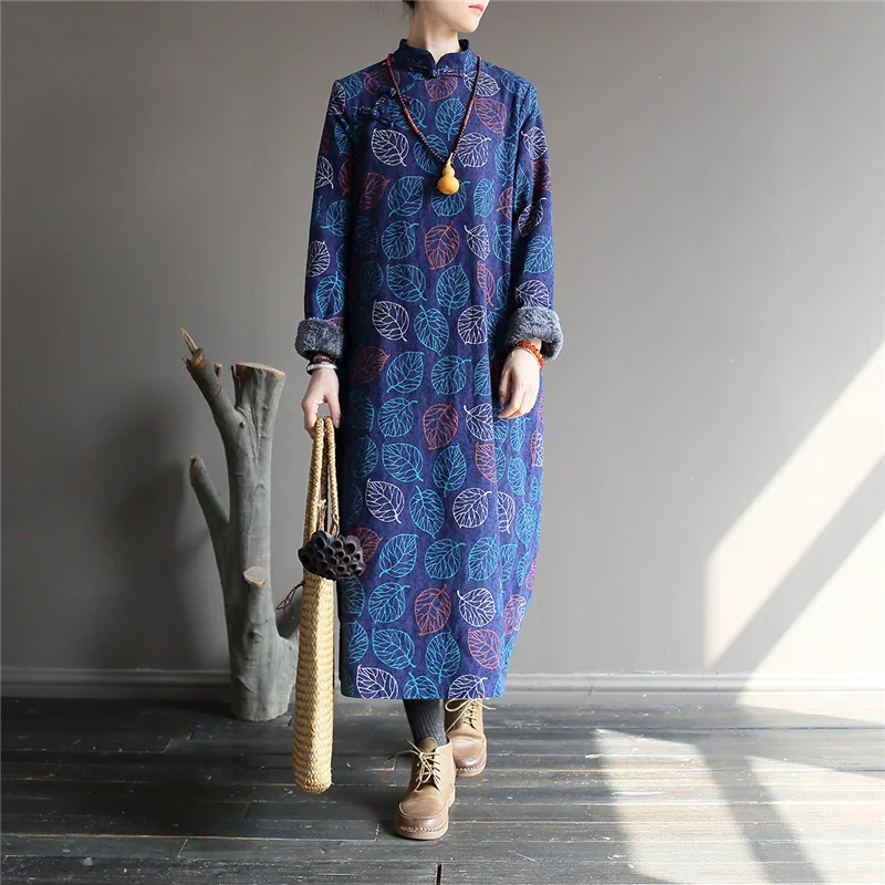 Johnature, китайский стиль, толстые халаты, хлопок, лен, с цветочным принтом, платье для женщин, зимняя одежда, стоячая, с длинным рукавом, теплые винтажные платья - Цвет: Navy blue