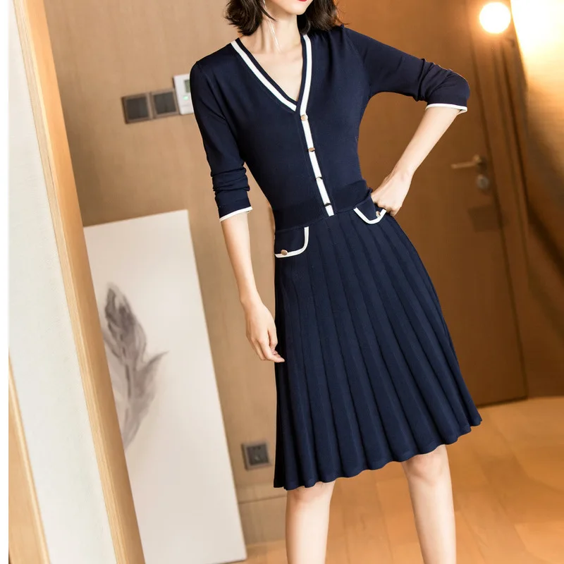 

Europe And America 2020 Spring And Autumn New Style Elegant Casual Joint Pleated Skirt Slim Fit Slimming V-neck Jersey Dress