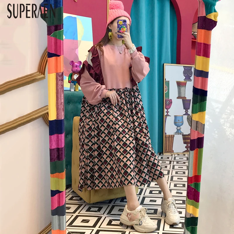 SuperAen, корейский стиль, женское платье, хлопок, Круглый ворот, модное, повседневное, вельветовое платье, женское, осень и зима, новинка, женская одежда