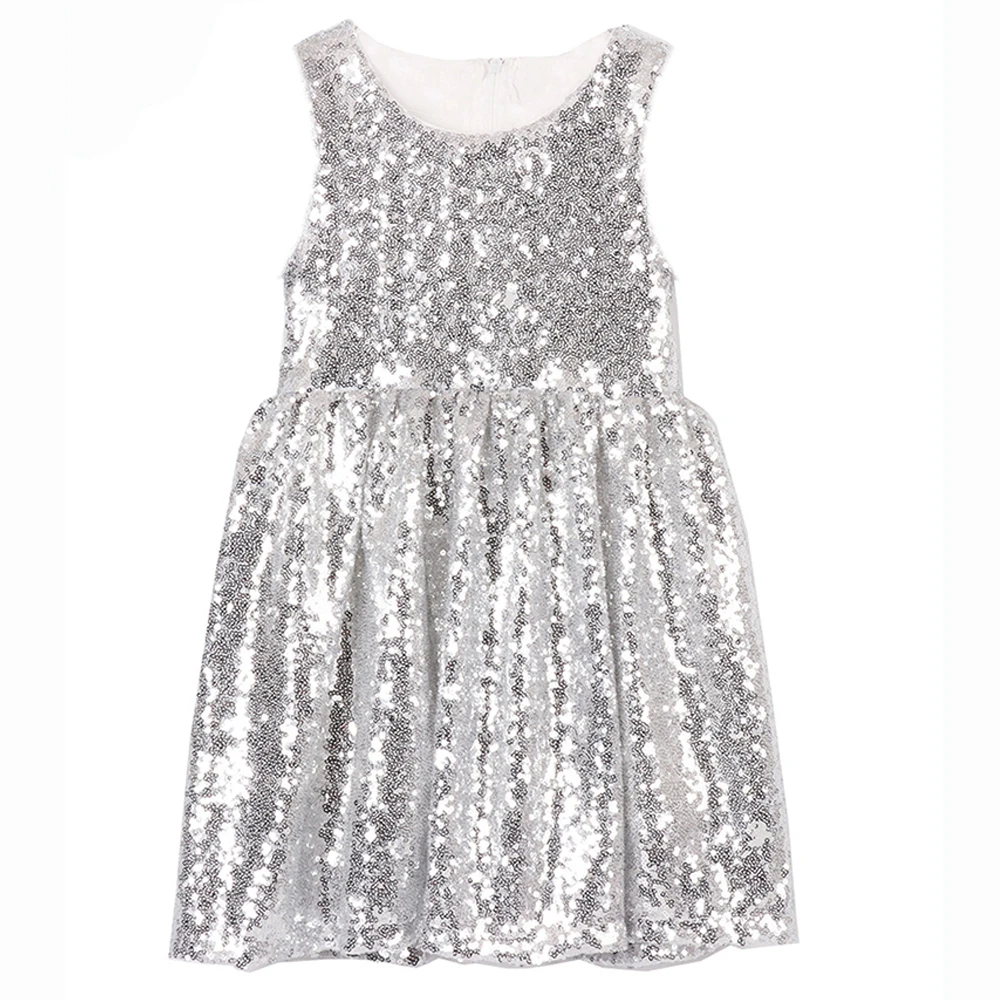 Платья подружки невесты на день рождения с пайетками для маленьких девочек; серебристое платье без рукавов для выпускного вечера; Детские платья для торжеств на свадьбу