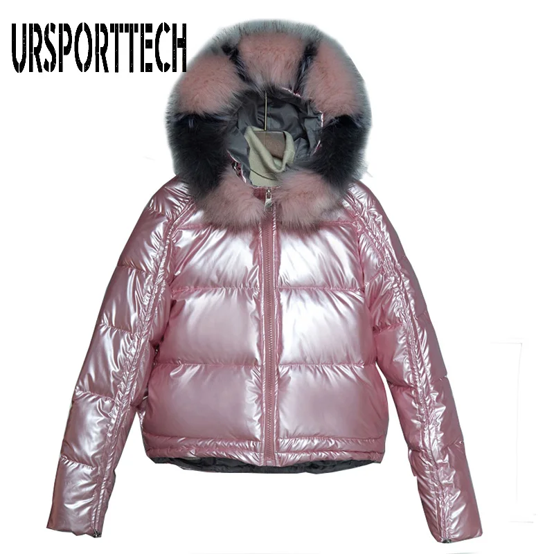 URSPORTTECH Winter Jacket Women Parka Fur Collar Glossy Puffer Jacket Winter Coat Women Plus Size Cotton Padded Jackets Outwear - Color: Pink