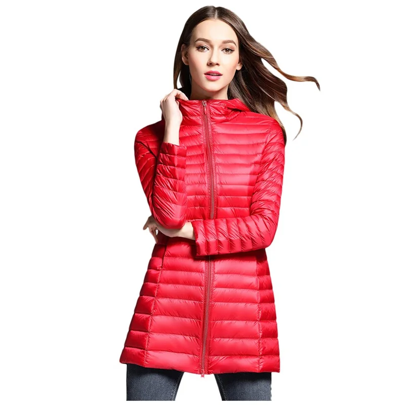 Женский пуховик, Модный женский длинный однотонный пуховик с капюшоном, зимние куртки, приталенное пальто с длинным рукавом, манто для женщин - Цвет: Red