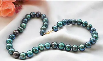 

New 10-11mm PEACOCK BLACK GREEN ROUND Freshwater cultured PEARL NECKLACE 18”