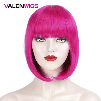 

Valenwigs Short Straight Bob Style Wigs Red Rose Color With Flat Bangs Synthetic Hair Cosplay Daily Party Wig Natual For Women