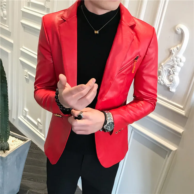 red Модные дизайнерские кожаные куртки, блейзер Homme, Клубная одежда, кожаная куртка для мужчин, s пальто, кожаный блейзер для мужчин, s Chaqueta Cuero Hombre - Цвет: red