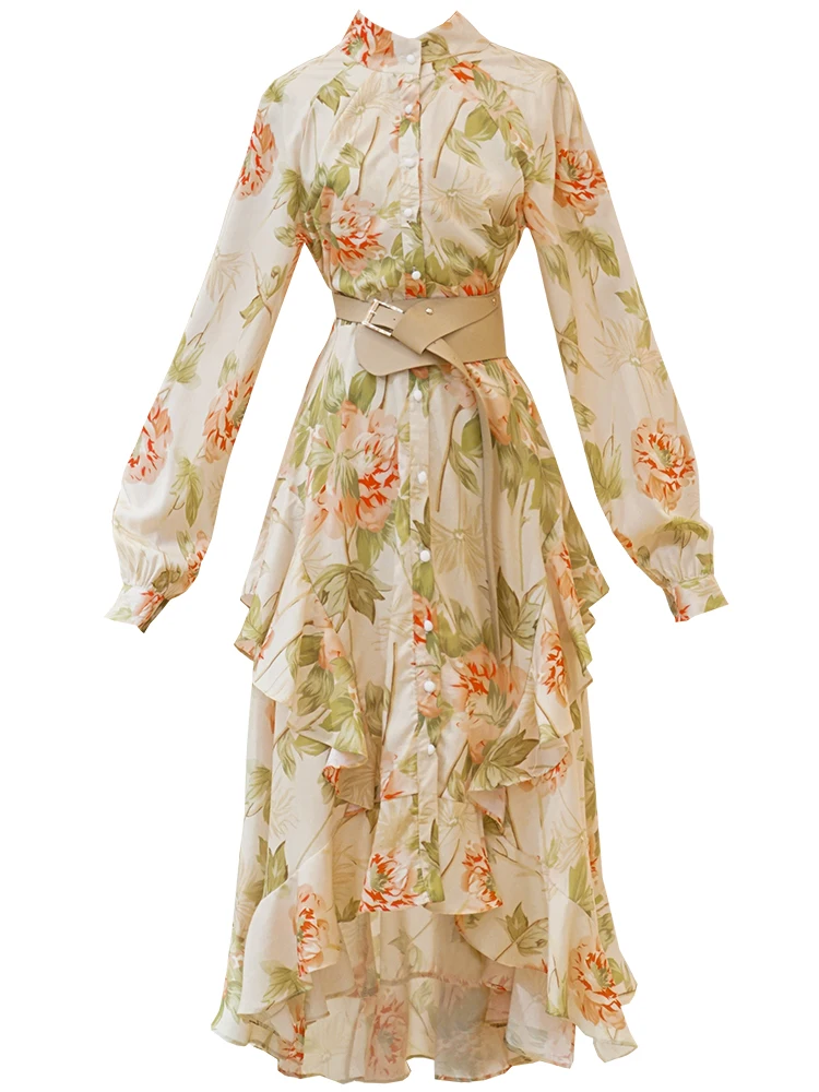 Palace style printed dress autumn 2020 new style female western style ruffled irregular Office Lady  Polyester