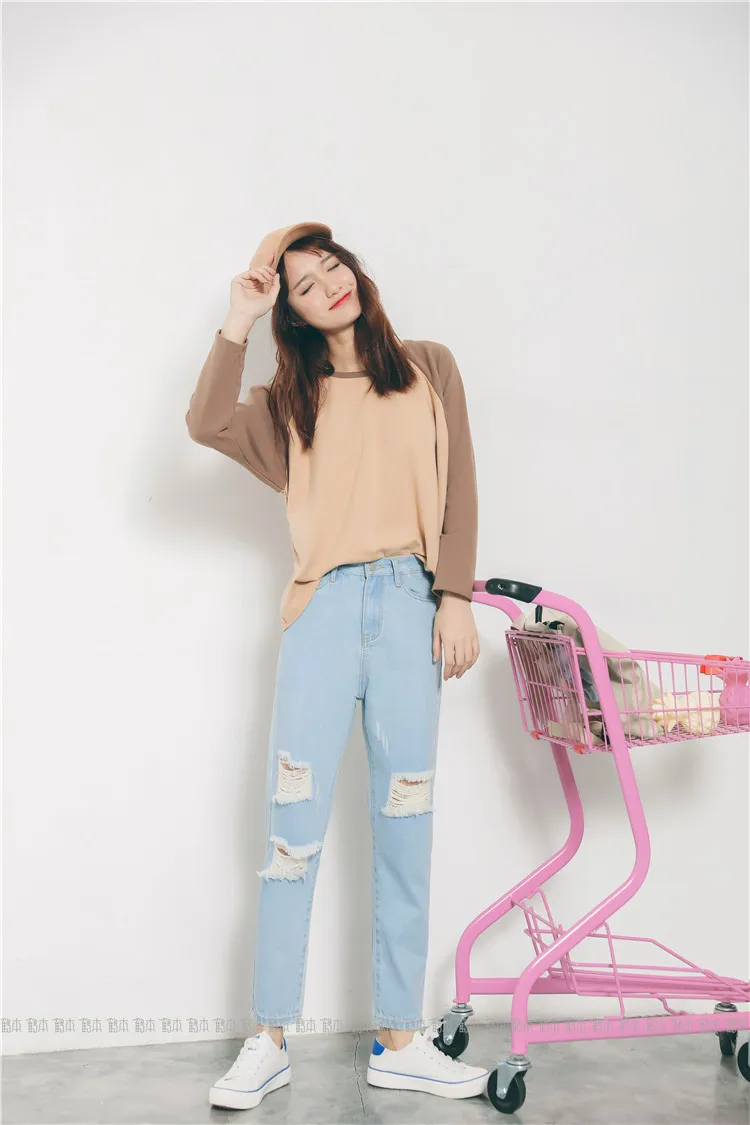 With Holes Straight-Cut Jeans Women's Autumn New Style WOMEN'S Dress Yiwu Solid Color Casual Slimming WOMEN'S Pants