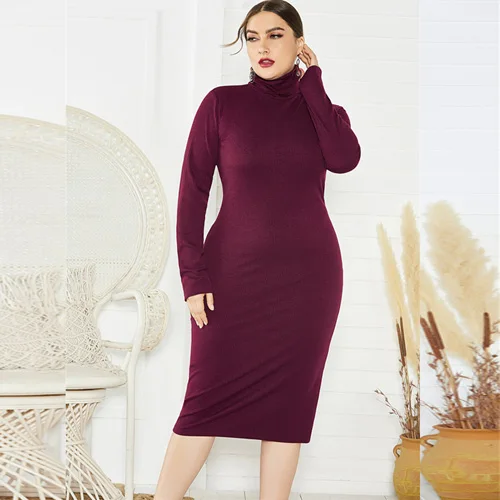 BHflutter 4XL 5XL 6XL Plus Size Winter Dress Women Long Sleeve Turtleneck Knitted Dress Ladies Sexy Bodycon Vintage Dresses - Цвет: Красный