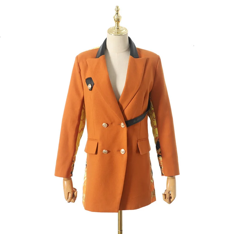 WOMENGAGA Mew Notched Collar Full Sleeves High Waist Double Breasted Wool Blazer Printed Short High Waist DG041