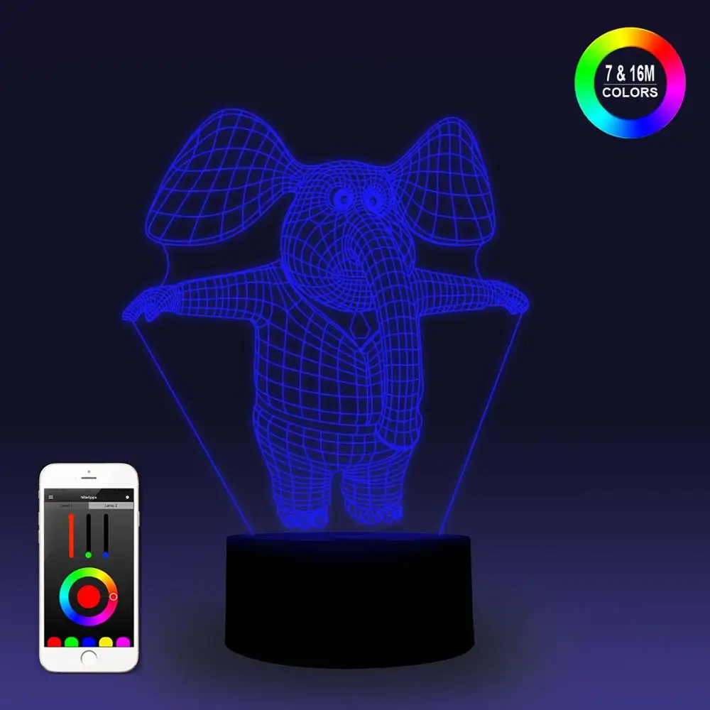 NiteApps 3D мультфильм слон ночник настольная Иллюзия украшение лампа подарок на день рождения приложение/сенсорное управление