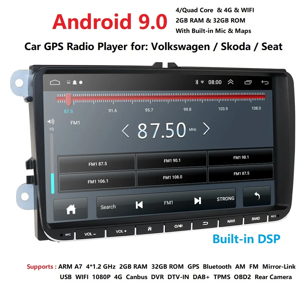 Автомобильный мультимедийный плеер Android 9,0 gps 2 Din стерео для Volkswagen/VW/POLO/PASSAT/Golf/Skoda Octavia/сиденье/леон радио плеер HD SWC RDS