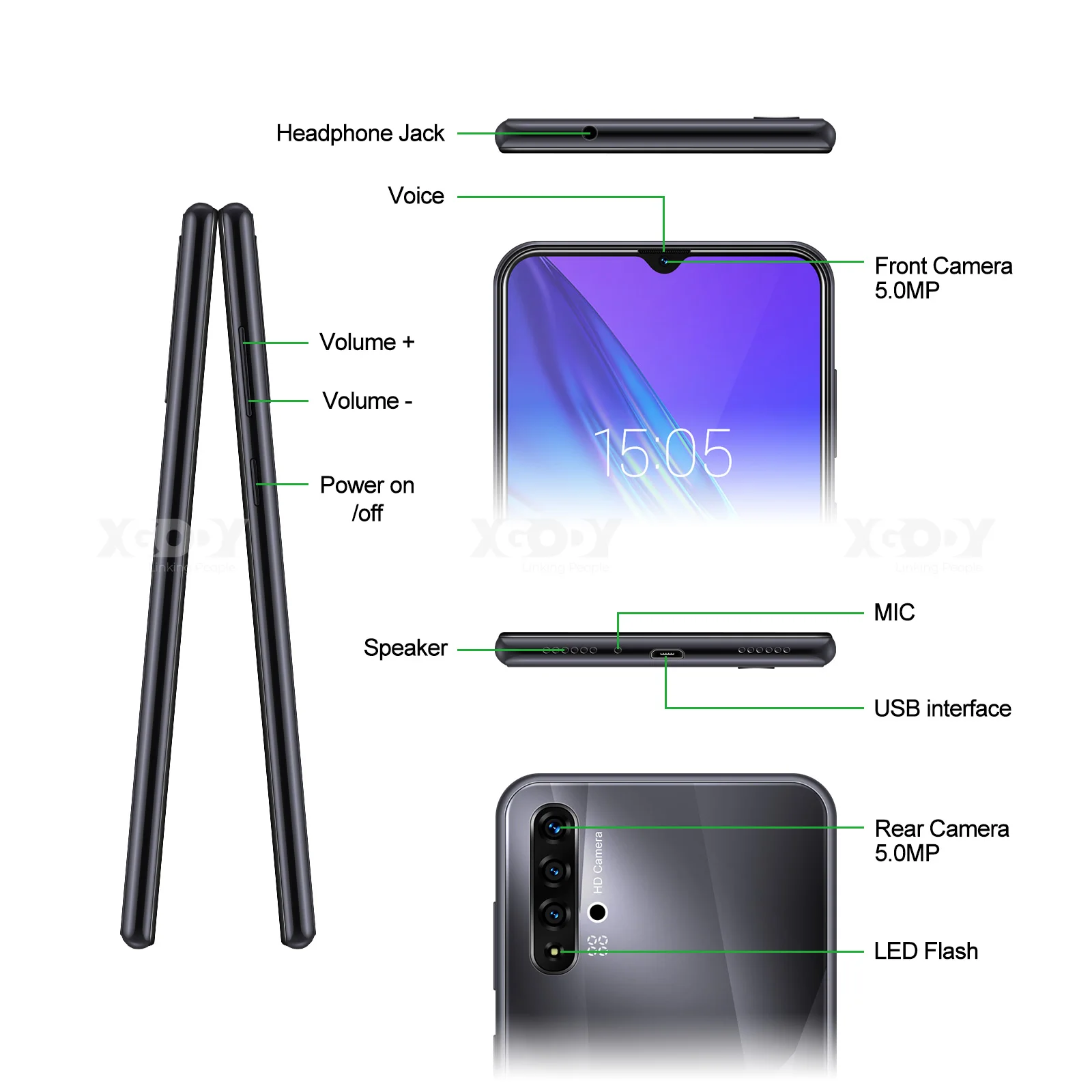 XGODY 6,5 дюймов 19:9 большой экран 3g Смартфон Android 9,0 1 ГБ 4 ГБ MTK6580 четырехъядерный 5 Мп камера 3000 мАч wifi gps мобильный телефон