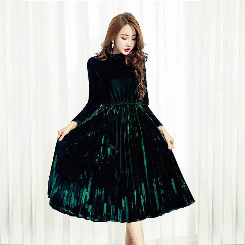 

Plus Size 4XL Gold Velvet Dress Women Turtleneck Autumn Winter Dress Elegant Jurken Women Long Party Pleated Dress Vestido C5843