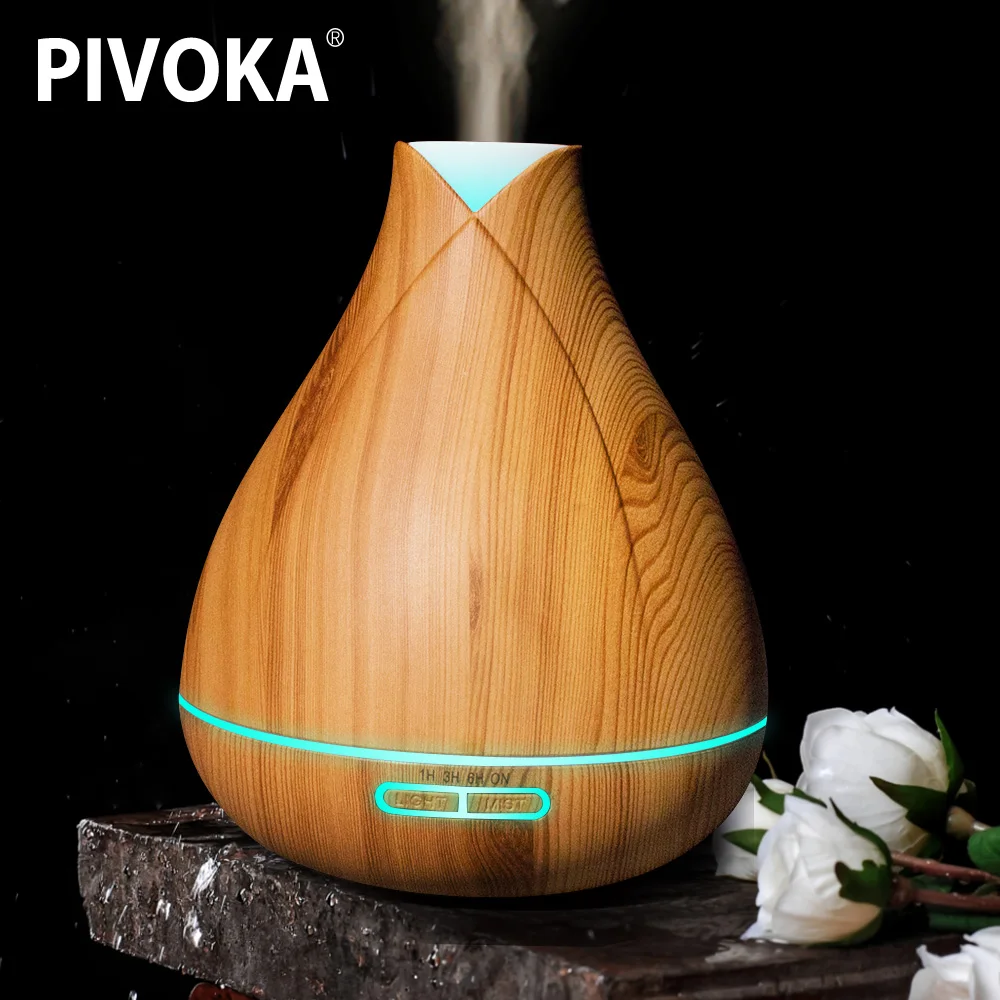 

PIVOKA 400ml Air Humidifier Aroma Diffuser Essential Oil Aromatherapy Ultrasonic Mist Maker For Home Wood 7 Color LED Light