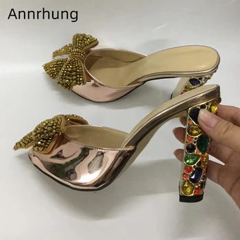 

Colorful Rhinestone Jeweled Heel Slippers Women Crystal Butterfly-Knot Peep Toe Bright Patent Leather High Heel Shoes Woman