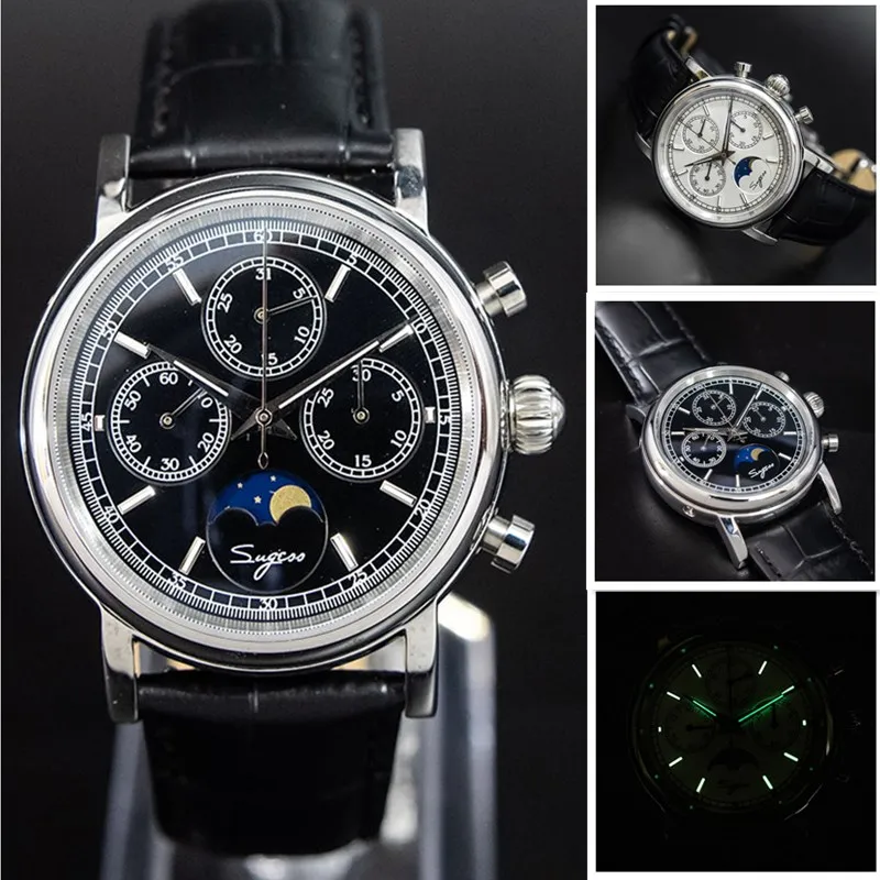 

Sport Luminous Hand Calendar Chronograph Watch Men Seagull ST1908 Movement Moon Phase Clock Pilot Men's Mechanical Watches 5ATM