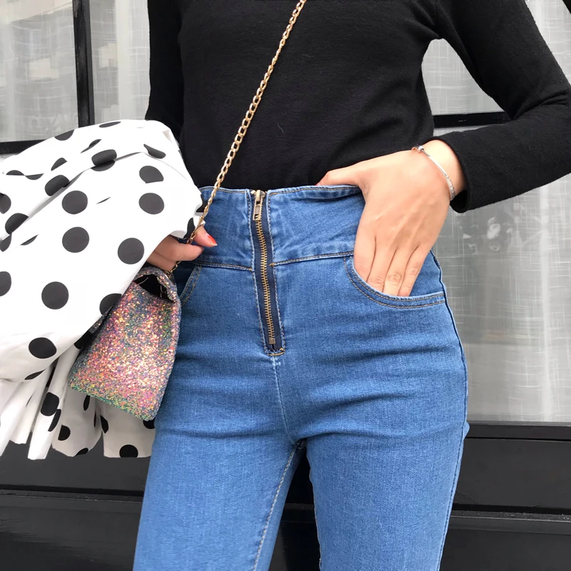 

2019 Autumn Women Jeans High Waist Exposed Zipper Bottoming Tight Skinny Feet Pants High Street Elastic Casual Wild jeans Woman