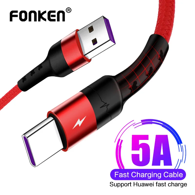 FONKEN 5A USB C type C кабель 1 м 2 м быстрая супер Зарядка шнур для передачи данных зарядное устройство для телефона type-C зарядный провод для huawei P30 P20 Mate30 Pro