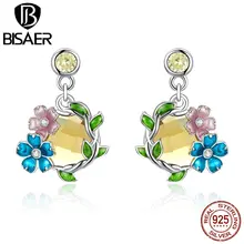 Серьги в виде цветка BISAER, подлинные 925 пробы серебряные серьги-гвоздики с эмалью в виде цветов для женщин, ювелирные изделия из стерлингового серебра EFE241