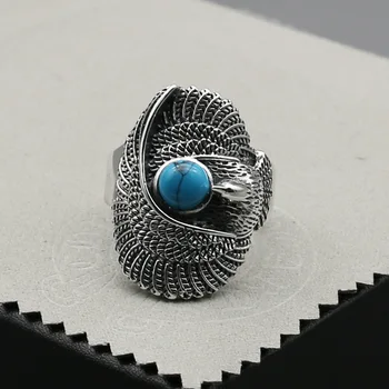 

Sterling Silver Middle Finger Ring Silver Jewelry Business Men Turquoise Eagle Feather Thai Silver Ring