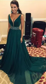

Sexy V-Neck A-Line Long Green Chiffon Evening Dress with Pockets Floor Length V-Back Sweep Train Formal Party Dress for Women