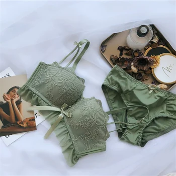 

Sexy Gathered No Steel Ring Lace Bra Set Cute Girls Bow Solid Color Bra Briefs Two Sets Women Underwear Set