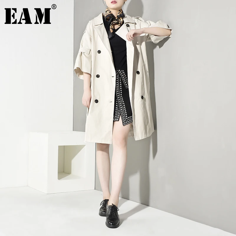 

[EAM] Women Double Breasted Bandage Trench New Lapel Long Sleeve Loose Fit Windbreaker Fashion Tide Autumn Winter 2019 EF4000