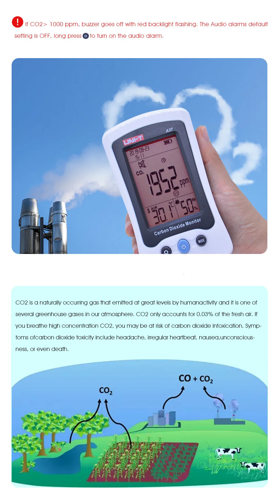 UNI-T A37 углекислотный монитор C02 тестер концентрации Температура Влажность Дата/время Автоматическая коррекция исходных условий ЖК-дисплей CO2 метр