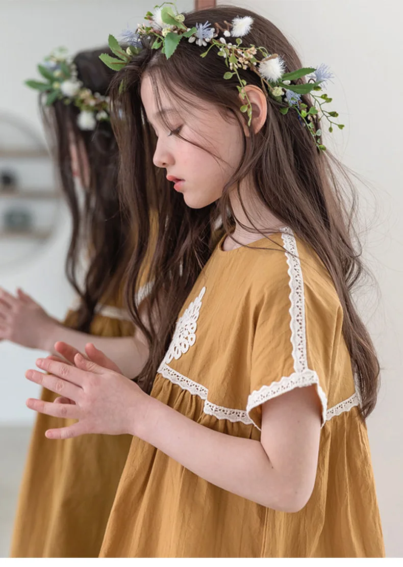 

Korean Girls Summer Yellow Dresses Short Sleeve Cotton Linen Sisters Clothes