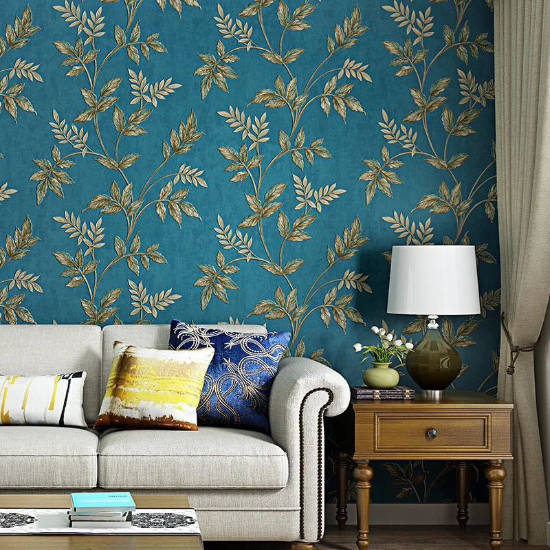 

3d Wallpaper Leaf Pattern Peacock Blue Wallpapers American Big Flower Living Room Non-woven Wall Paper Study Room Decoration