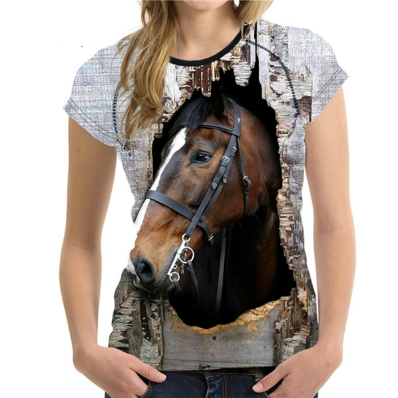 Unisex 3D T-Shirt Short Sleeve Carzy Horse Black Printing Tops Animal Print 