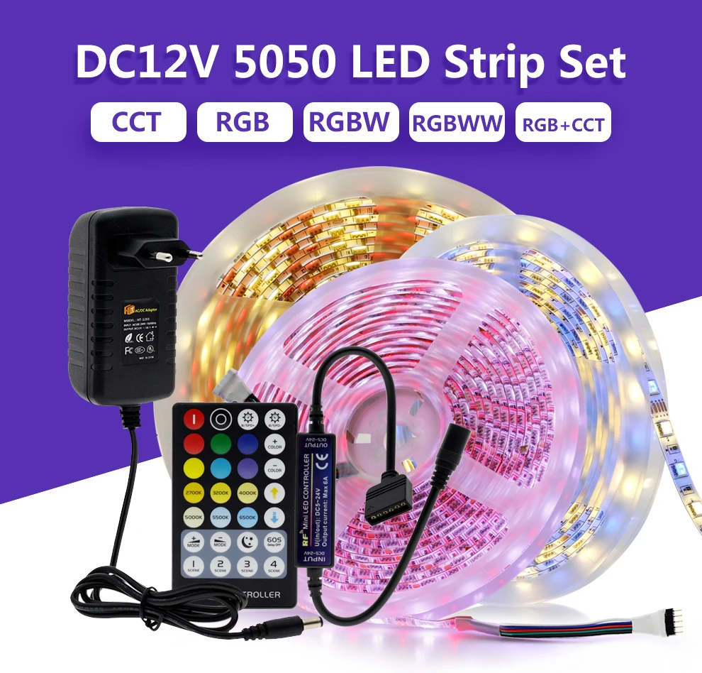 5050 RGB Светодиодные ленты свет Водонепроницаемый 5 м 300 светодио дный s + мини Bluetooth 24Key ИК-пульт дистанционного управления комплект + DC12V