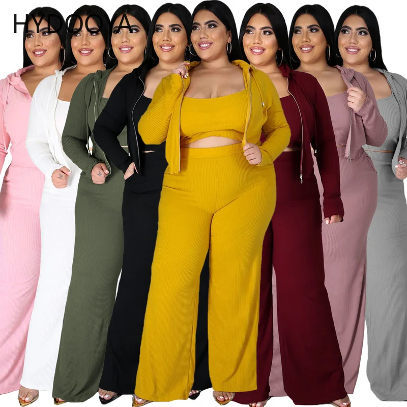 Plus Size 3 Piece Sets Women Clothing Chic Full Sleeve Hooded Coat+camisole Crop Top+loose Wide Leg Pants Dropshipping Wholesale
