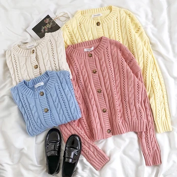 

Temperament single-breasted o neck solid color loose short cardigan sweater