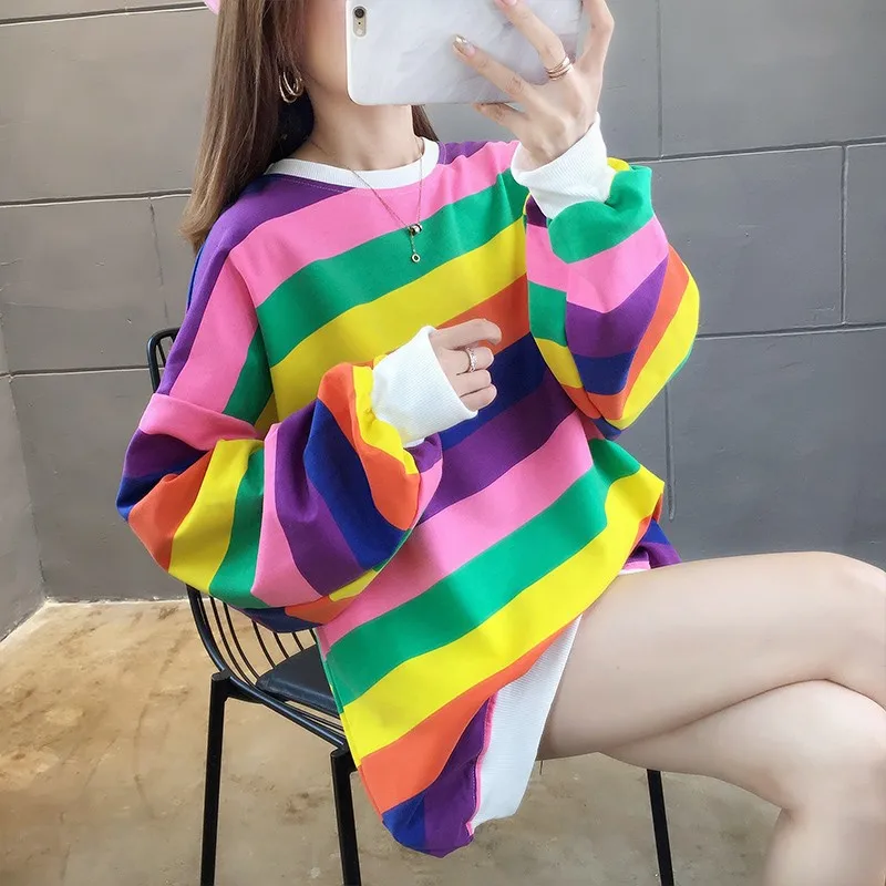

Women Fall Clothing 2019 Fashion pullover Female Spring and Autumn New Loose Round Neck Long Sleeved Rainbow Sweatshirt