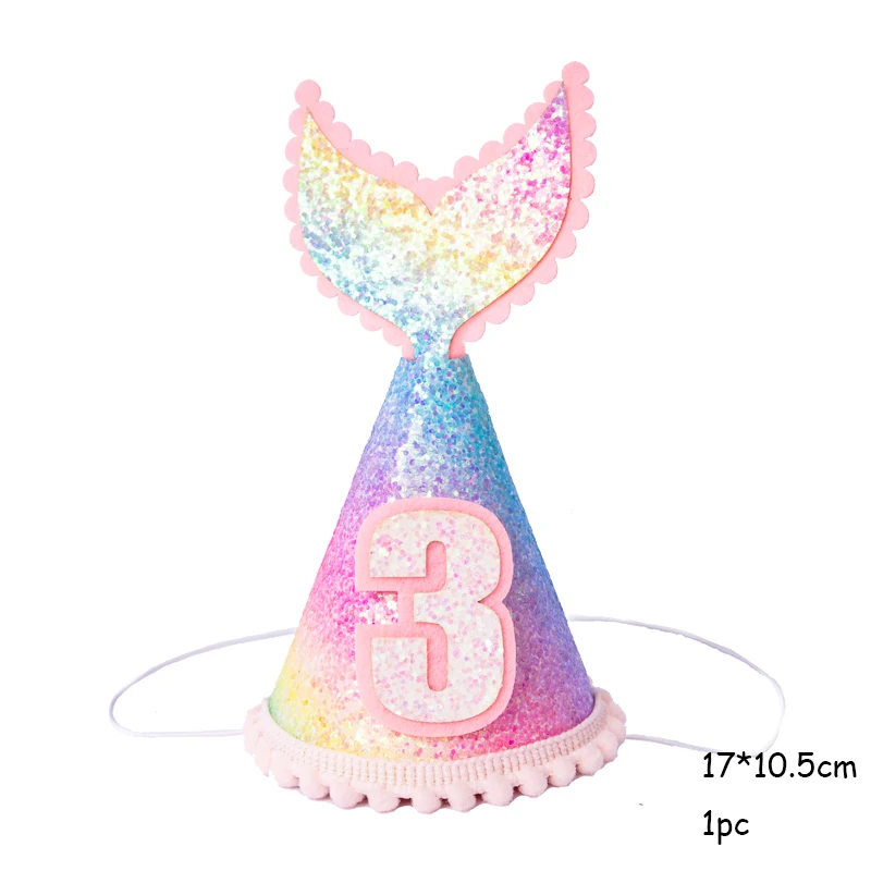 Fishtail cap 3 Красочный день рождения радуга Корона Кепки 1/2/3 лет детей Baby Shower в форме рыбьего хвоста шляпа с веревкой Happy ободок для дня рождения вечерние Декор - Цвет: Fishtail cap 3
