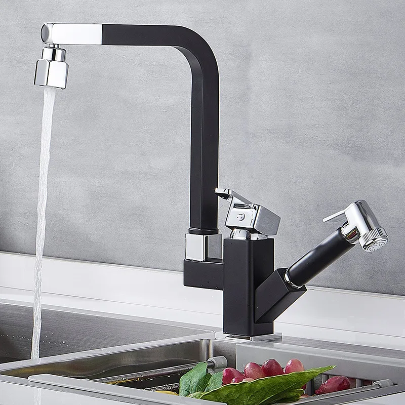 

Full Copper Kitchen Take Pull Water Tap Rotation Spray Gun Black Water Tank More Function Robot Both Effluent Hot And Cold