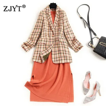 

High Quality Autumn Winter Runway Designer Fashion Long Sleeve Plaid Tweed Woolen Jacket and Knitted Dress Two Piece Suits