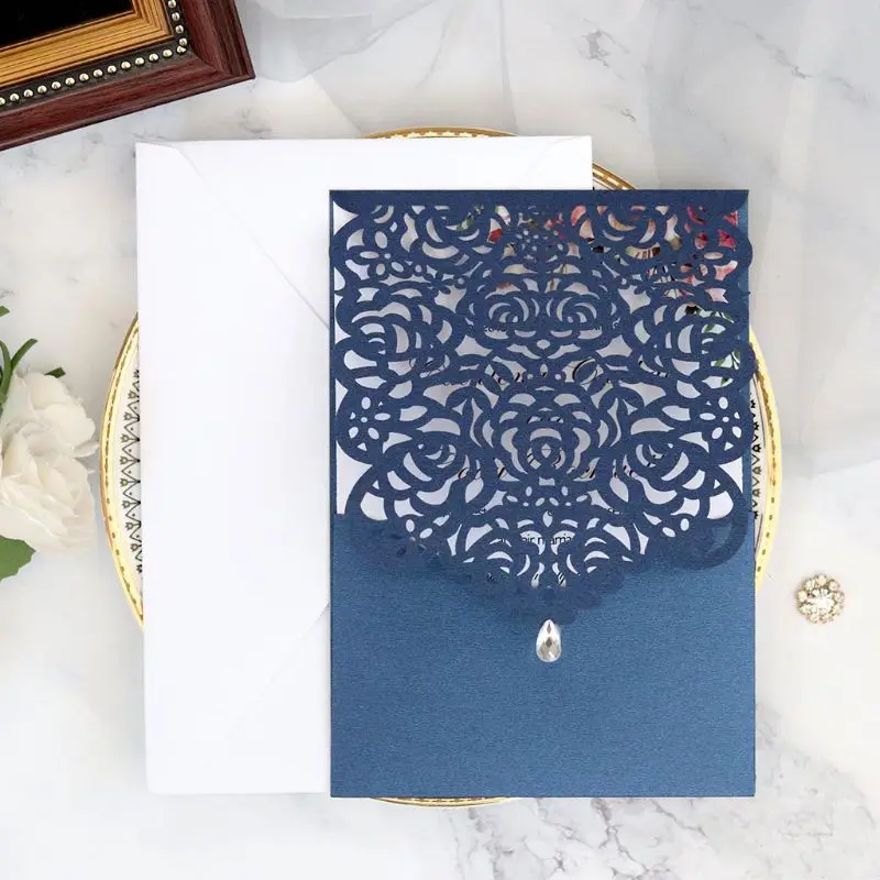  20pcs Laser Cut Rose Invitations Card with Rhinestone Kits Wedding Party E65B - 4000358585391