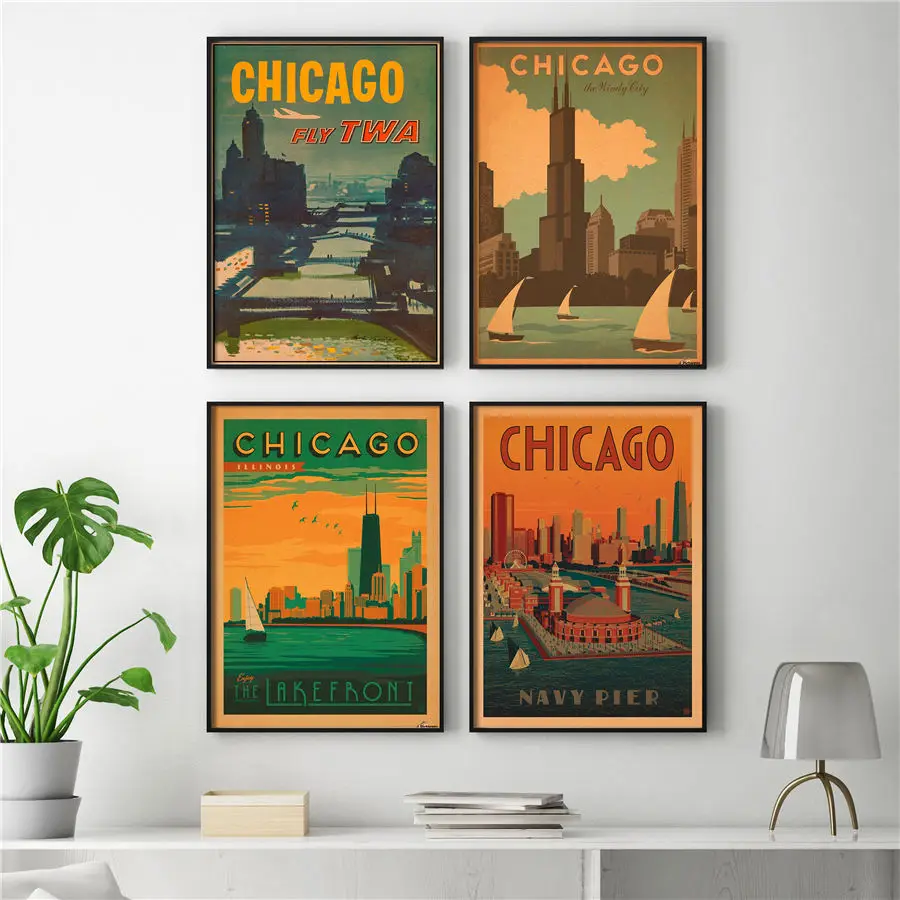 Классический постер Чикаго принт с природными пейзажами ретро рисунок руки