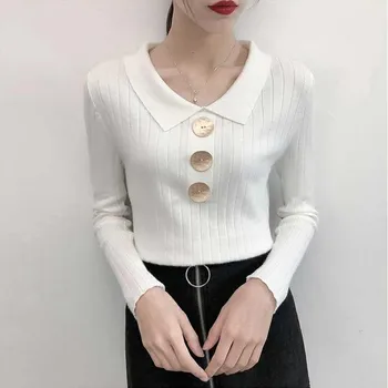 

women sweater autumn turn-down collar long sleeve winter clothes Korean style new knitted casual solid elegant Pullover