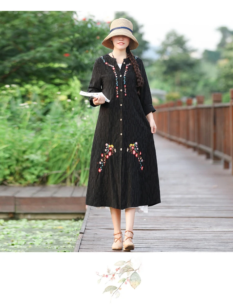 Autumn Clothing New Style Jacquard Embroidered Cotton Linen Retro Cardigan Elegant Large Size Mid-length Women's